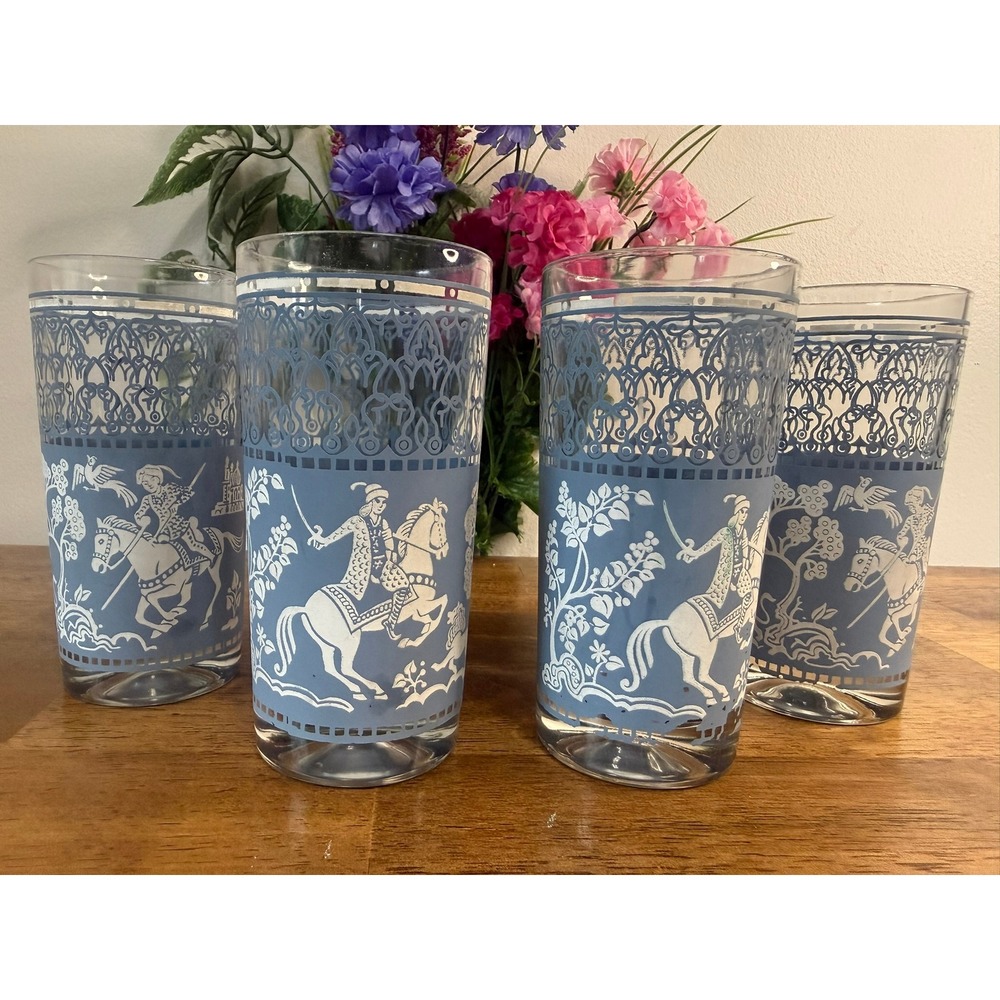 Hazel Atlas Arabian Knights Glasses Set of 4 Blue Vintage Tumblers Retro Barware